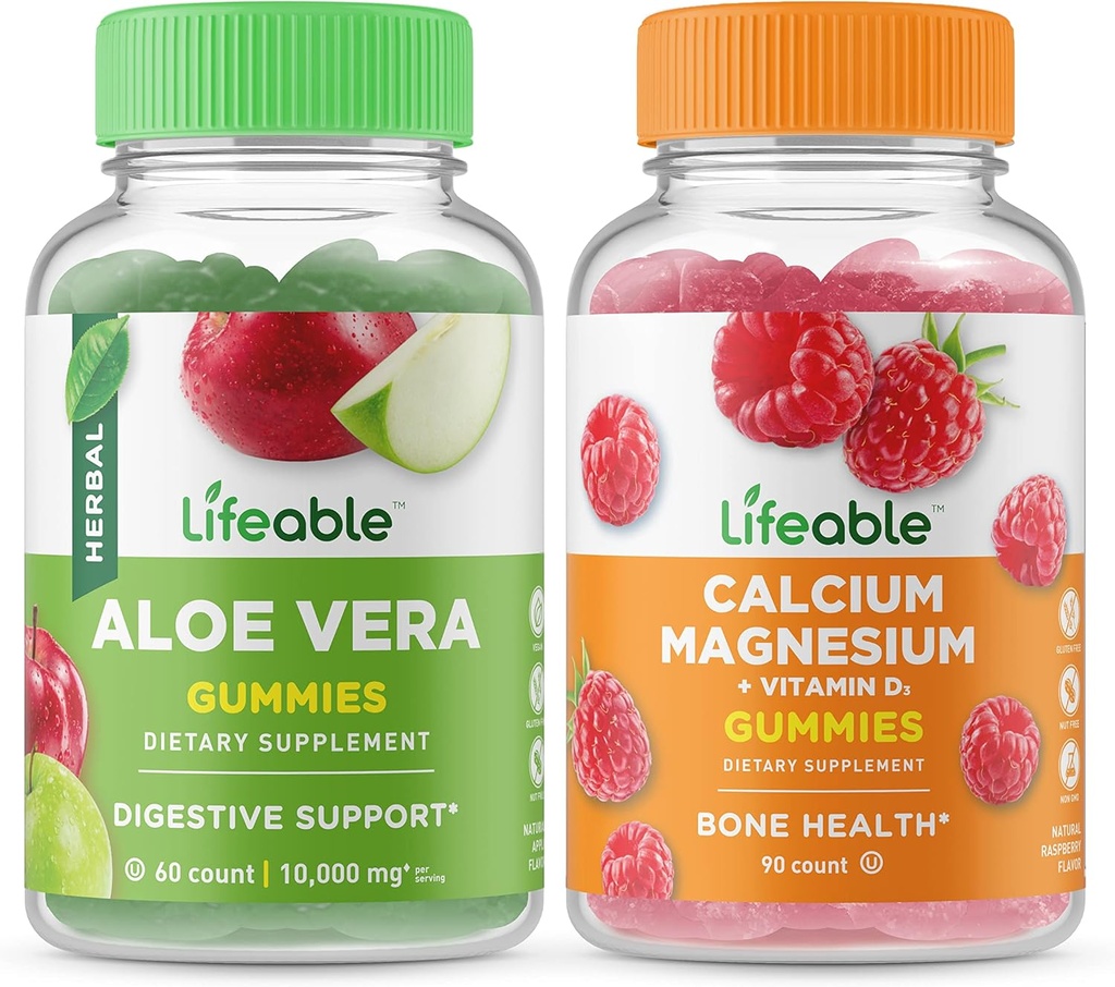 Lebensfähige Aloe Vera + Calcium Magnesium, Gummie Bundle - Große Verkostung, Vitamin-Ergänzung, Glutenfrei, GMO frei, Kaubar
