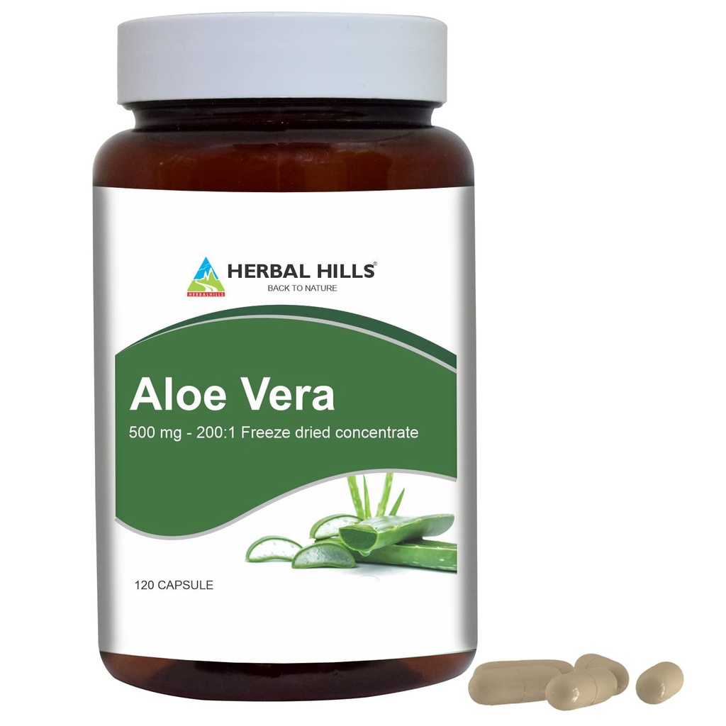 HERBAL HILLS Aloe Vera Capsules (Aloe barbadensis) | 120 Kapseln (500 mg) | Pure Aloe Freeze Getrocknete Pulver-Ergänzung, hohe Konzentration, unterstützt insgesamt Wohlbefinden