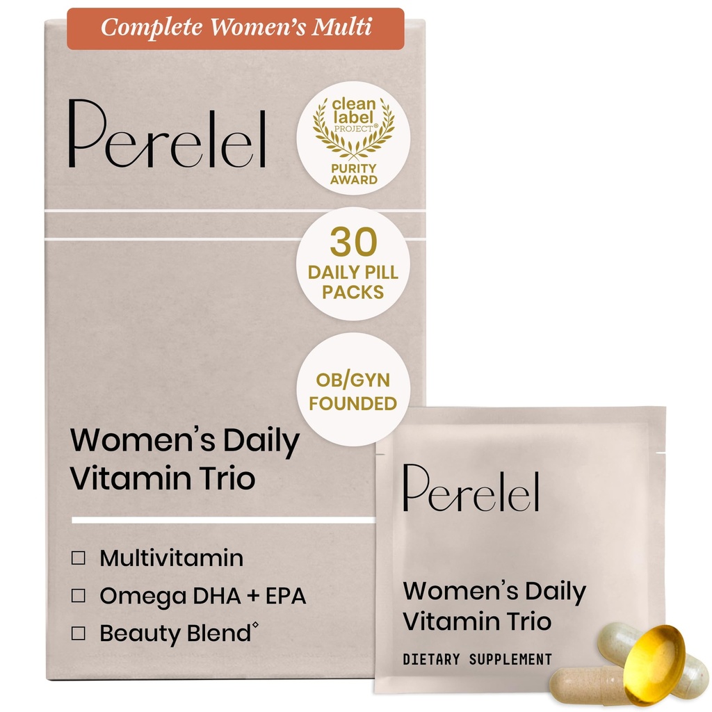 Perelel Womens Daily Vitamin Trio, Multivitamin, Omega 3 Dha + EPA, & Beauty Blend Ergänzungen für Nährstoffunterstützung & Gesamt Wellness, Soja, Dairy & Gluten Free Non GMO Formel, 30 Daily Pill Packs