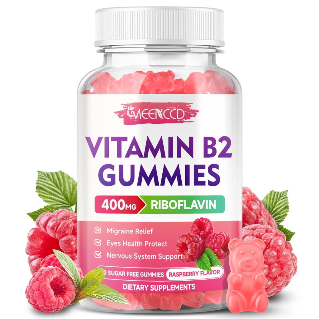 Vitamin B2 Gummi Riboflavin 400mg Ergänzung mit Magnesium für Kinder & Erwachsene, B2 Gummi für Migraine Relief & Nervous System Unterstützung, Vegan, Sugar-Free, Himbeer Geschmack, 60 Zähler