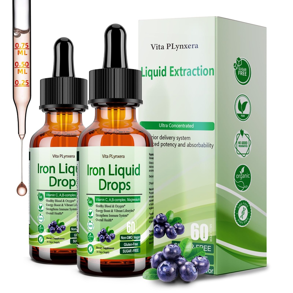 2 Pack flüssige Eisen Ergänzung für Frauen Männer & Kinder, Vegan Eisen Tropfen mit Vitamin C D, B12, B-Komplex, hohe Potenzflüssigkeit mit Multivitamin für Anämie, Energieunterstützung, Magnesium Iron Gentle