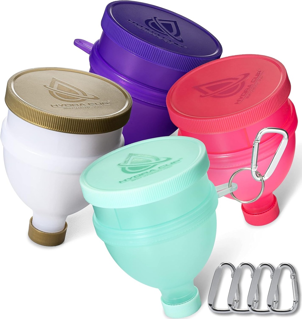 Hydra Cup [4 Pack-Ternels zum Befüllen von Wasserflaschen mit Proteinpulver, 3 Komponenten-Säulen-Speicher, Ergänzungsbehälter Set zu gehen oder Küchengebrauch, Schlüsselanhänger für Shaker Cup