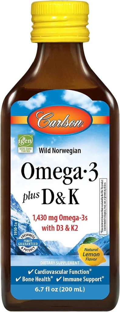 Carlson - Omega-3 + D & K, 1430 mg omega-3s, 2000 IU (50 mcg) D3, 90 mcg K2 als MK-7, Herzgesundheit, Knochenunterstützung, Zitronen, 200 mL