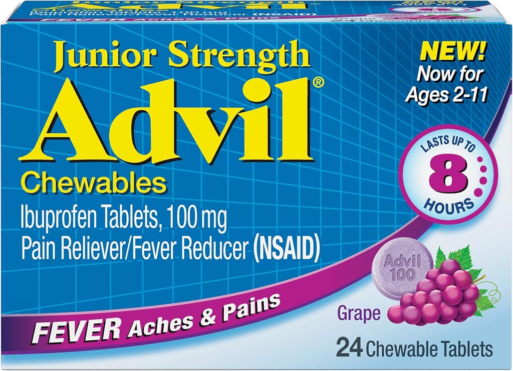 Advil Junior Chewable Ibuprofen Tabletten, Trauben 100mg, 24 Tabletten jeder (Pack von 6)