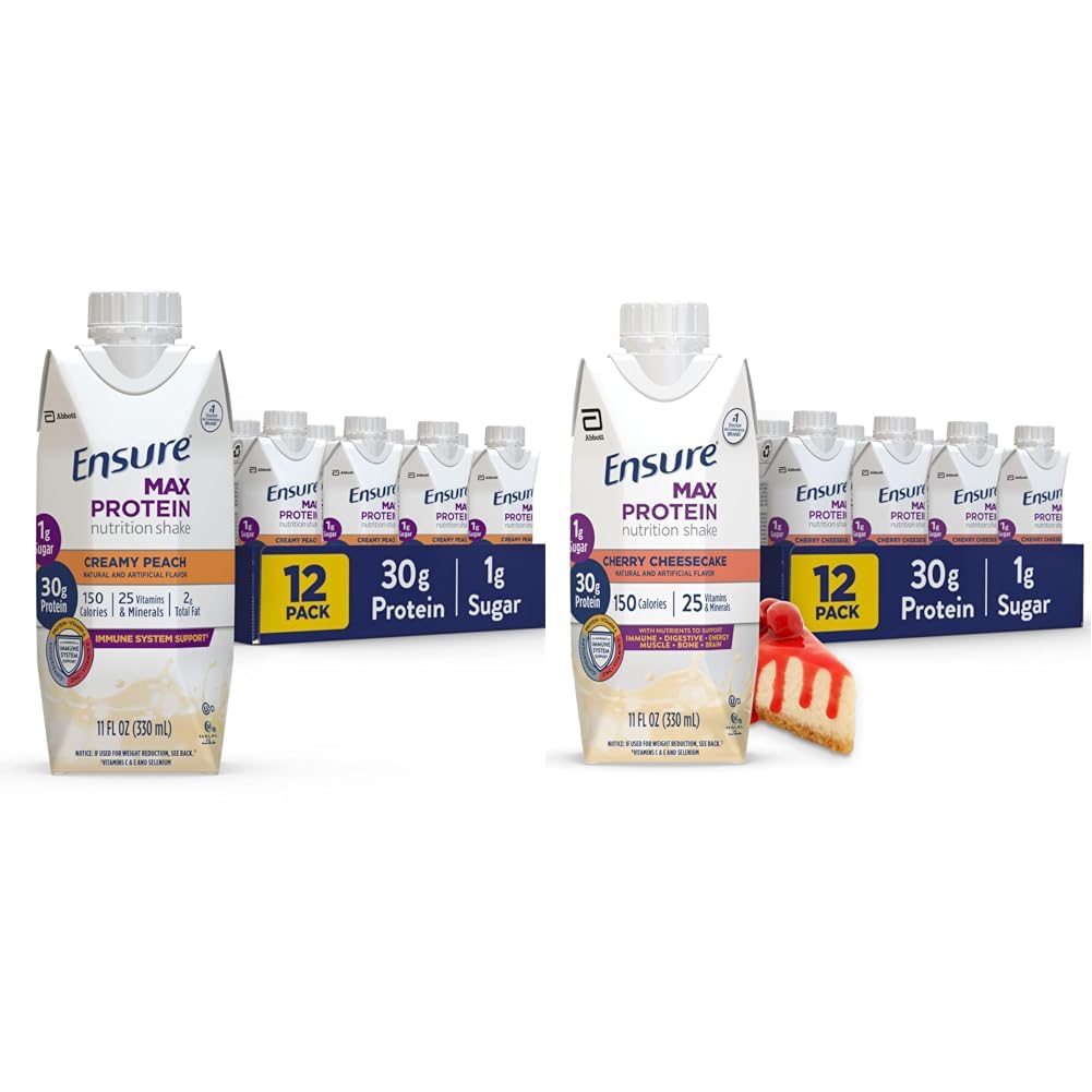 Stellen Sie sicher, Max Protein Nutrition Shake mit 30g Protein, 1g Zucker, High Protein Shake, Creamy Peach und Cherry Cheesecake Variety Pack, 11 fl oz, Pack von 12