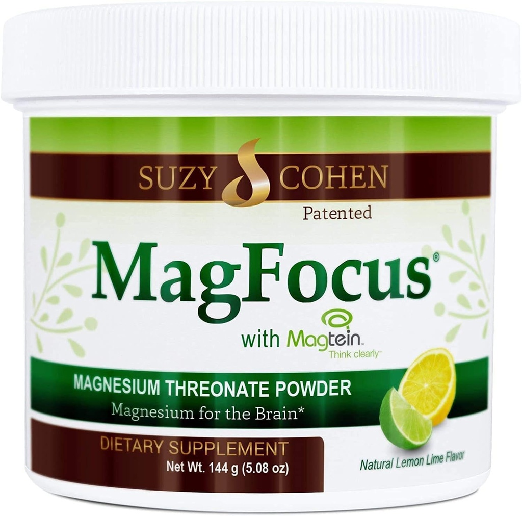 Suzy Cohen MagFocus Magnesium Threonate Pulver Nahrungsergänzung 200mg, Gesunde Nerve, Unterstützung Kognition, Energie, Knochengesundheit, Stevia, Zitronengeschmack, 60 Servierungen