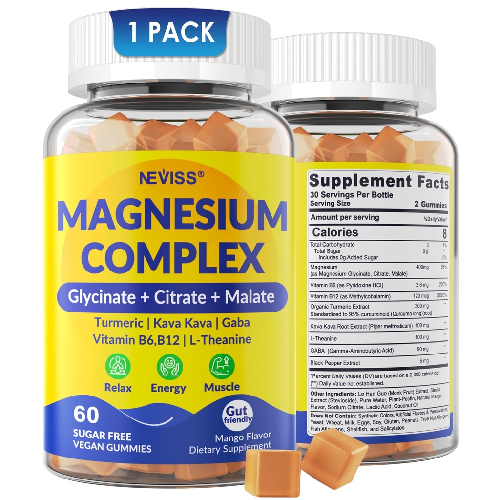 Magnesium Complex Gummies 400mg, Magneisum Glycinate Citrate Malate + Turmeric, GABA, B6 B12, Kava Kava, L-Theanin für Schlaf, Beruhigung, Energie, Magnesiumgummis für Damen, Vegan, 60 Cts