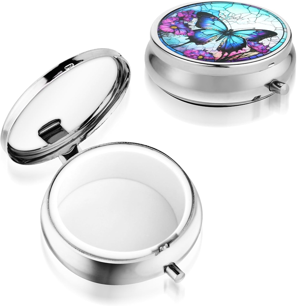 Sibba Tragbare Medizin Pille Case, Reisen Multi-Functional Feuchtigkeit Proof Pille Box für Geldbörse & Tasche, Süße Metall Medizin Pille Organizer Box für Vitamine, Fischöl & Nahrungsergänzungsmittel (Butterfly)