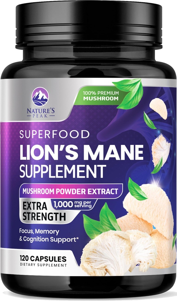 Lions Mane Mushroom Capsules 10.000mg - Lion's Mane Supplement Capsules for Memory and Focus Support, Gehirn, Immune Health Support, Vegan, Bottled in USA, Lions Mane Mushroom Powder Extract, 120 Count