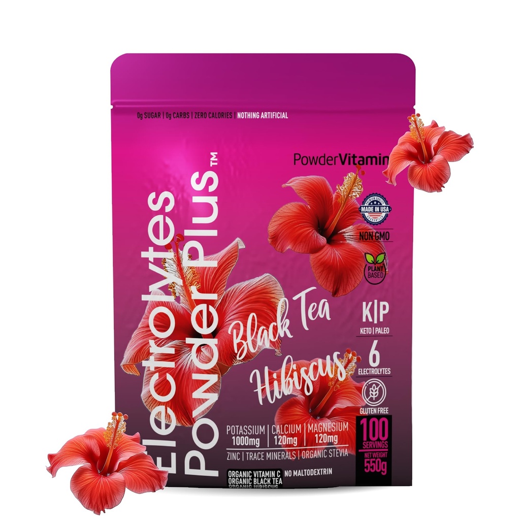 PowderVitamin Elektrolyte Pulver Plus (100 Portionen) Schwarzer Tee Hibiscus Elektrolyt Pulver Keto, Zuckerfrei, Rosa Himalaya Salz, 1000mg Kalium, 120mg Calcium, 120mg Magnesium, Hydration Pulver
