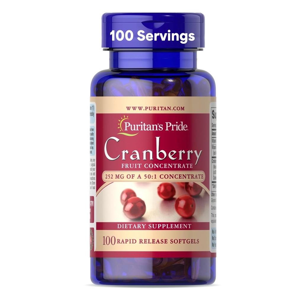 Puritan's Pride Premium Cranberry Fruit Concentrate 252mg (12.600mg Äquivalent) mit Vitaminen C und E, Nahrungsergänzung für Immunsystemunterstützung, 100 Rapid Release Softgels