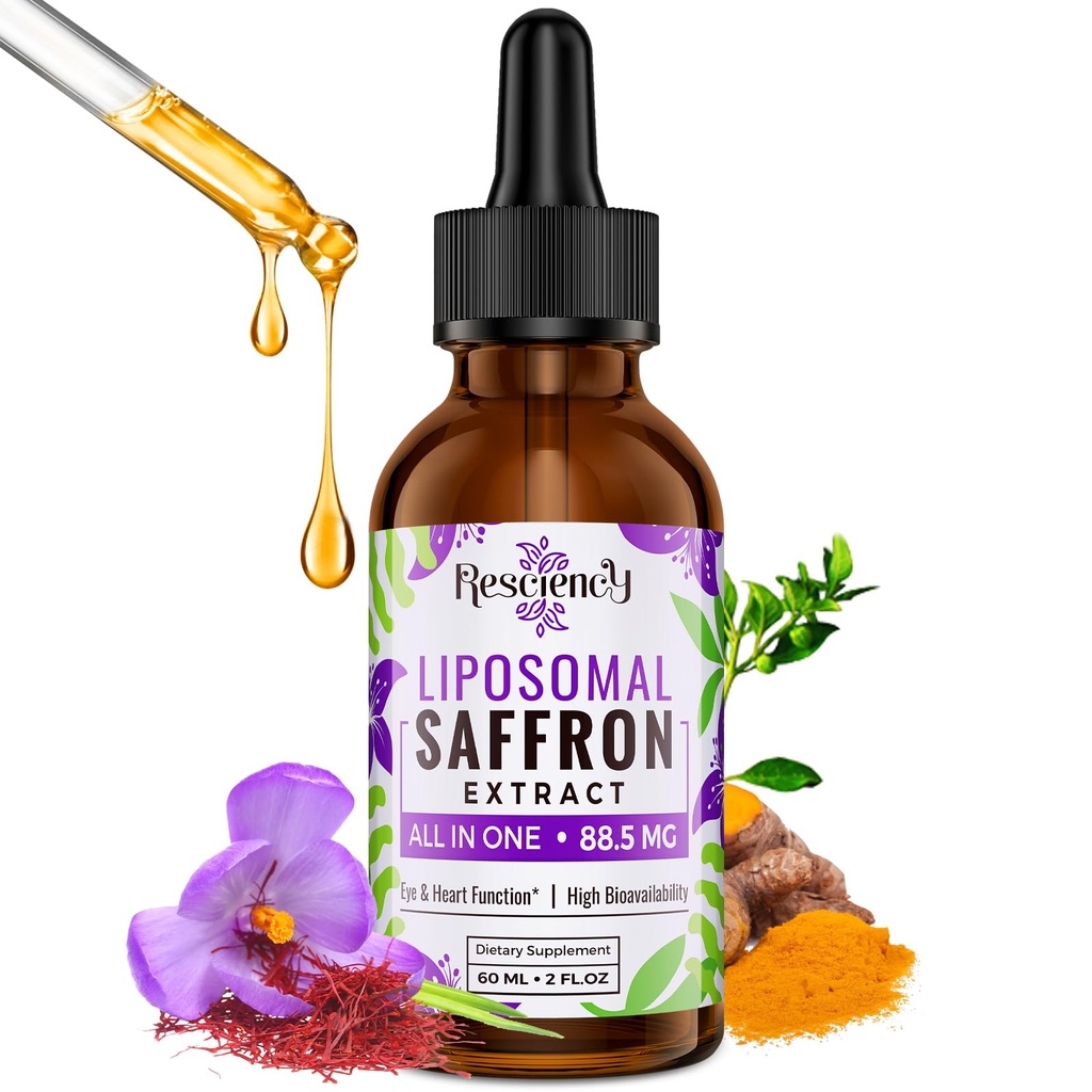 Saffron Supplements - 88.5 mg Saffron Extract Bessere Bioverfügbarkeit Liposomal Tropfen für Stimmung, Energie, Vision & Focus mit Ashwagandha, Turmeric, Magnesium, Zink, Vitamin B12 & D3, 60 ml, 30 Portionen