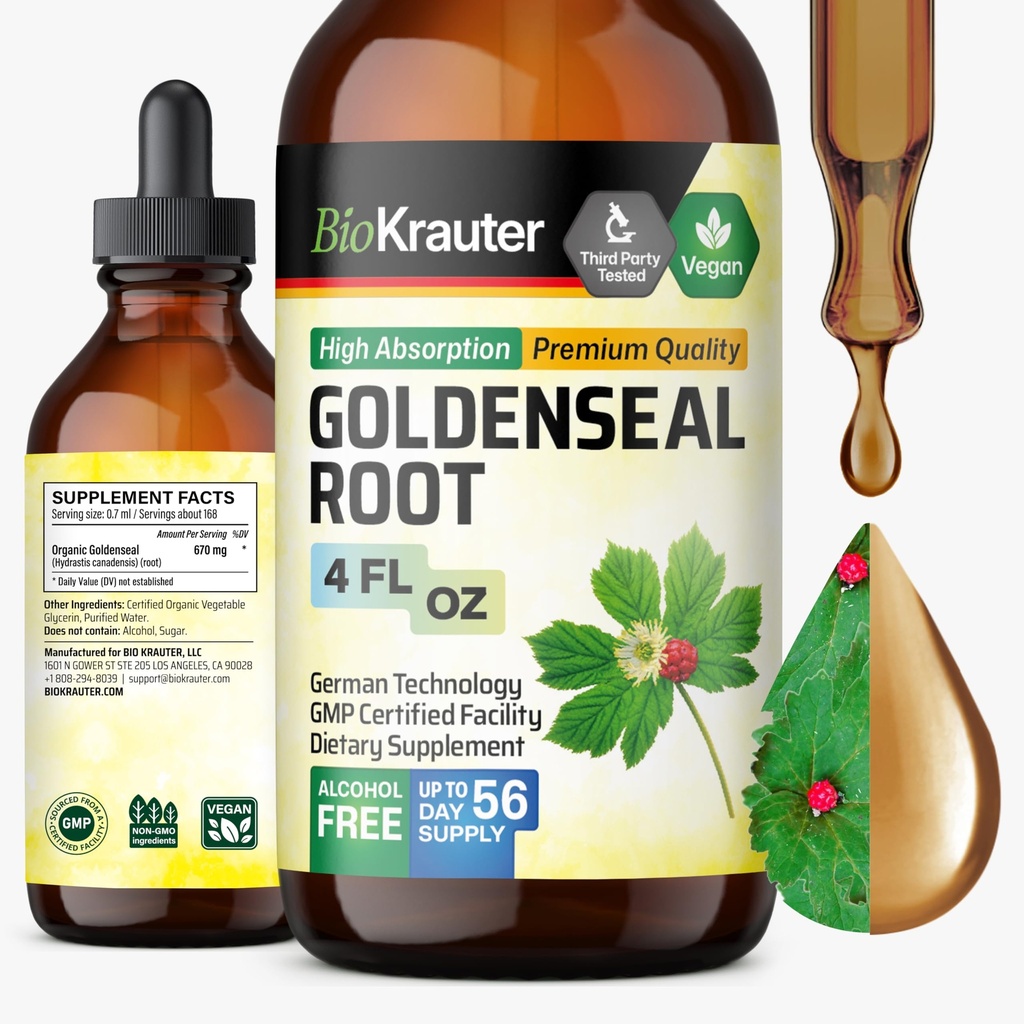 BIO KRAUTER Goldenseal Tincture - Vegan Lung Cleanse & Detox - Golden Seal Herb Supplement - Alkohol & Zucker Kostenlose Tropfen - 4 Fl.Oz.