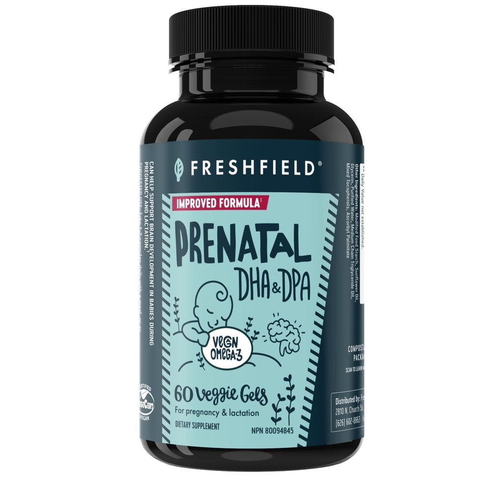 Freshfield Prenatal Vegan Omega 3 DHA: Nachhaltige, Carrageenan Free, Dritte getestet, Kompostierbare Flasche, Carbon Neutral. Unterstützt Herz, Gehirn, Gelenkgesundheit w/DPA