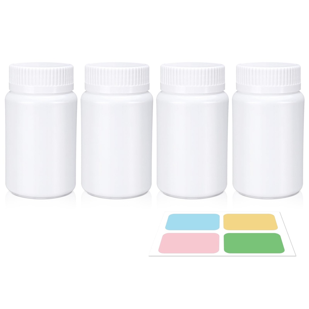 White Pill Bottle, Leere Medizin Flaschen mit Schraubkappen für Pillen Kapseln Vitamine, Lebensmittel Grade Kunststoff Medizin Behälter mit Etiketten für Reisen (3.4oz/100ml, 4 Stück)