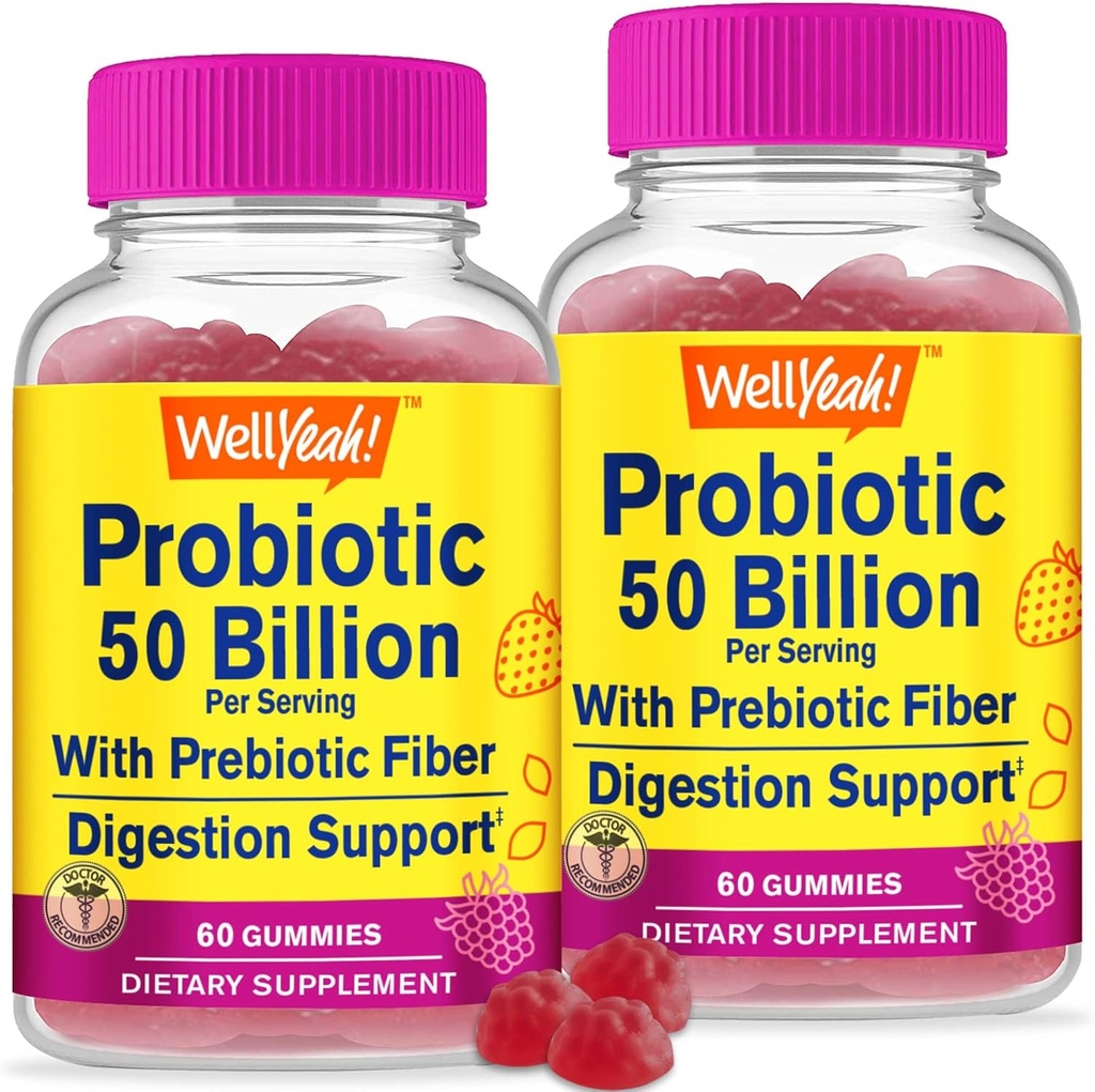 WellJa (2 Pack 50 Billion Probiotics + Präbiotika für Männer und Frauen Gummi - Verdauungsunterstützung, Gutgesundheit, Immununterstützung Gamma - Probiotics for Digestive Health with 12 Strains - 60 Gummies