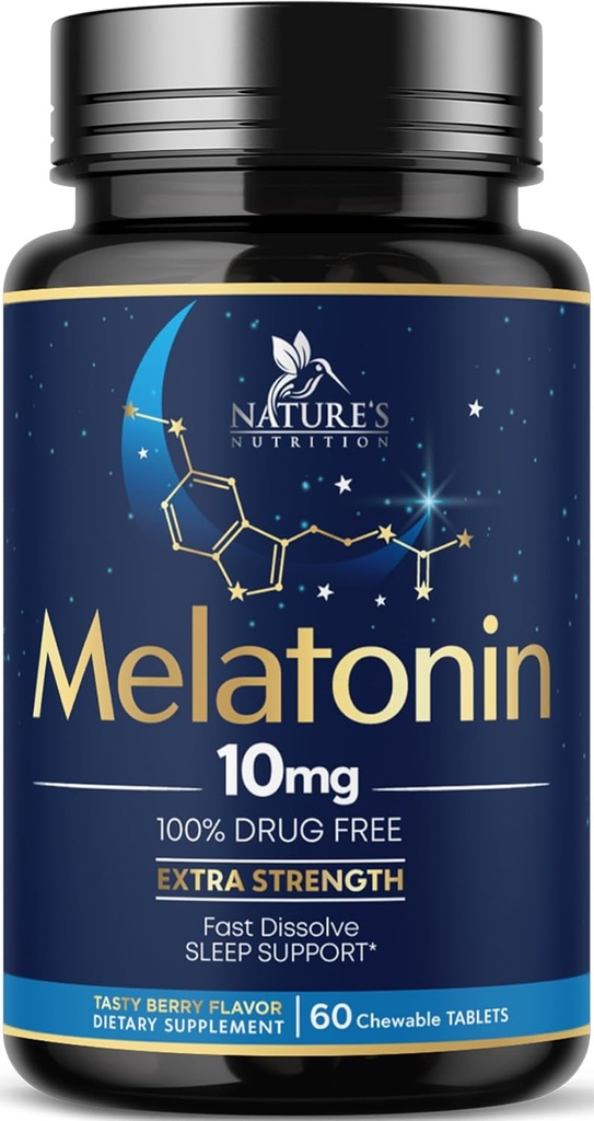 Melatonin 10mg Fast Dissolve Tablets - Extra Strength, Sugar Free Melatonin Ergänzungen für restliche Schlafunterstützung, Natural Sleep Support Supplement für Erwachsene, Delicious Strawberry Flavor, 60 Tabletten