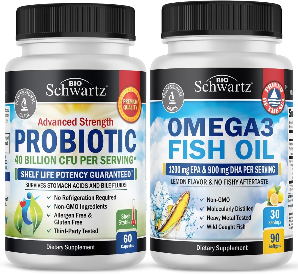 Triple Strength Omega 3 Fish Oil Softgels (1 Monat Versorgung) Plus 40 Billion CFU Tägliche Probiotische Ergänzung (1 Monat Versorgung)