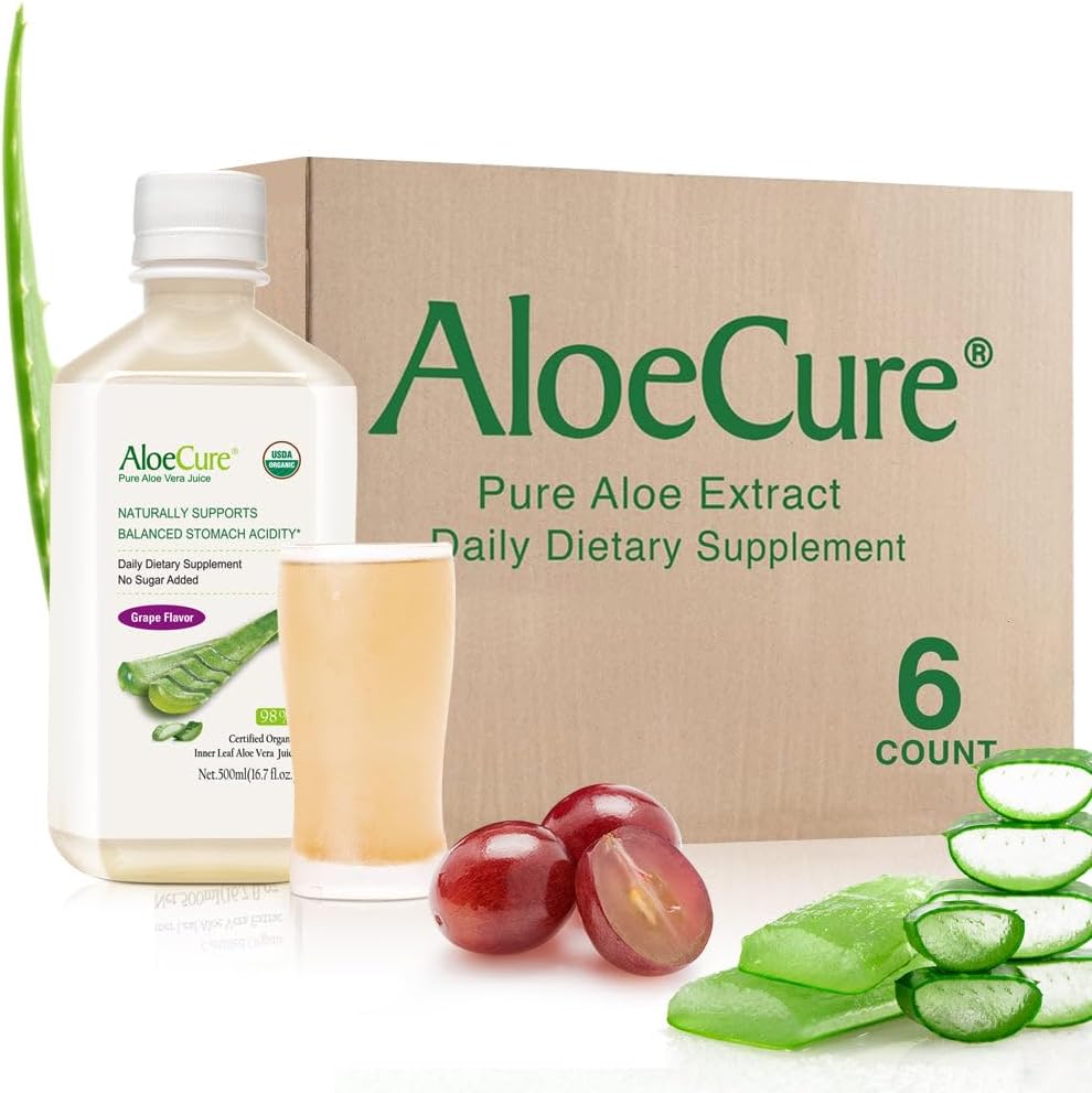 AloeCure USDA Organic Aloe Vera Juice Grape Flavor, Made innerhalb 12 Hours of Harvest - Pure Aloe Vera Verdauungs- und Immungesundheitsergänzung, hilft Balanced Stomach Acidity, 16.7oz x 6 Btls