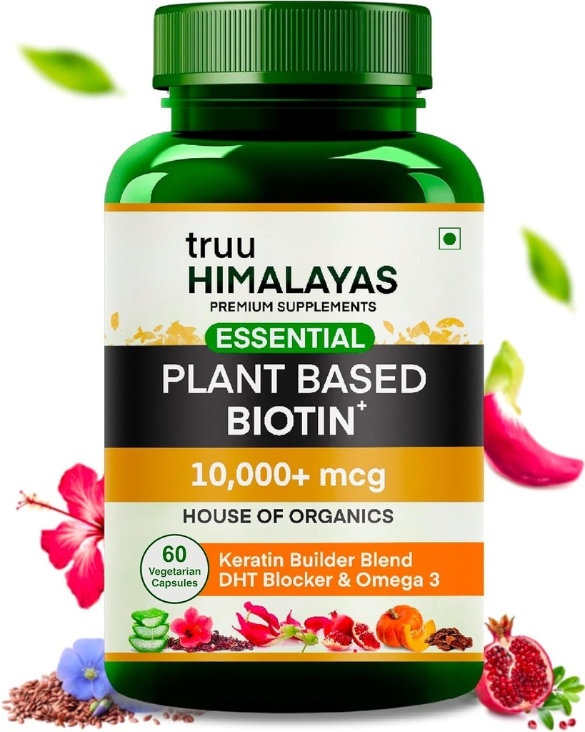 Pflanzenbasiertes Biotin 10000mcg für Haarwachstum mit DHT Blocker, Keratin & Omega 3 Supplement Vitals für Männer und Frauen - Ayurvedische Nährstoffe für Haarausfall, Haut und Nägel Gesundheit - 60 Kapseln