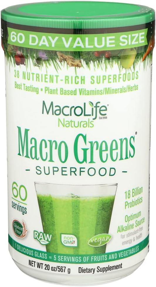 MacroLife Naturals Macro Greens Powder 38 Superfood Probiotic Antioxidant Enzyme & Kräuterergänzung Immunity Energy Cleanse - Non-GMO Vegan Gluten-Free Dairy-Free - 60 Portionen