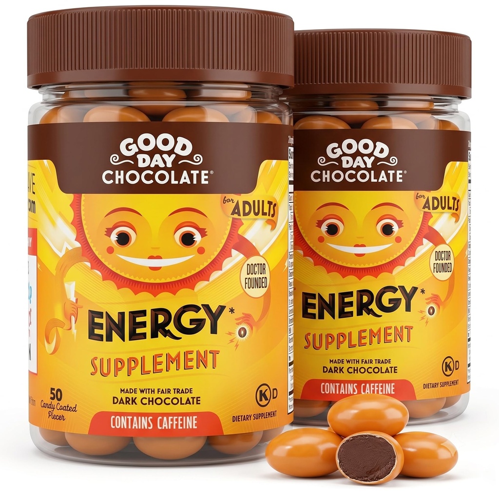 Gute Tag Schokolade Energie Ergänzungen für Erwachsene [2 Pack] Fairer Handel Koffein Schokolade mit B-Vitamine, Grüner Tee Extrakte und 20 mg Koffein pro Stück - Energie-Booster für Frauen und Männer