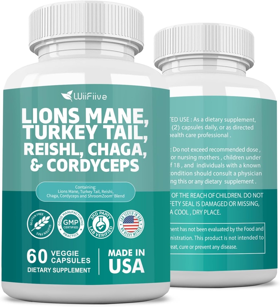 Lions Mane 3000mg Türkei Tail 3000mg Reishl 1000mg Chaga 1000mg Cordyceps Pulverextrakt enthaltend Maitaake Shiitake Black Fungus,Brain Supplement, Mineralische Beilagen, 60 Kapseln