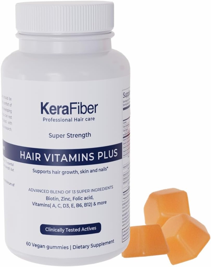 KeraFiber Professional Haar Vitamine Plus Gummi - Biotin Haarwachstumsergänzungsmittel - Vegane Haar Vitamine mit Zink, Vitamine A, C, D, E, B6, B12 - Unterstützt Haarwachstum, Haut und Nägel - 60 Zähler