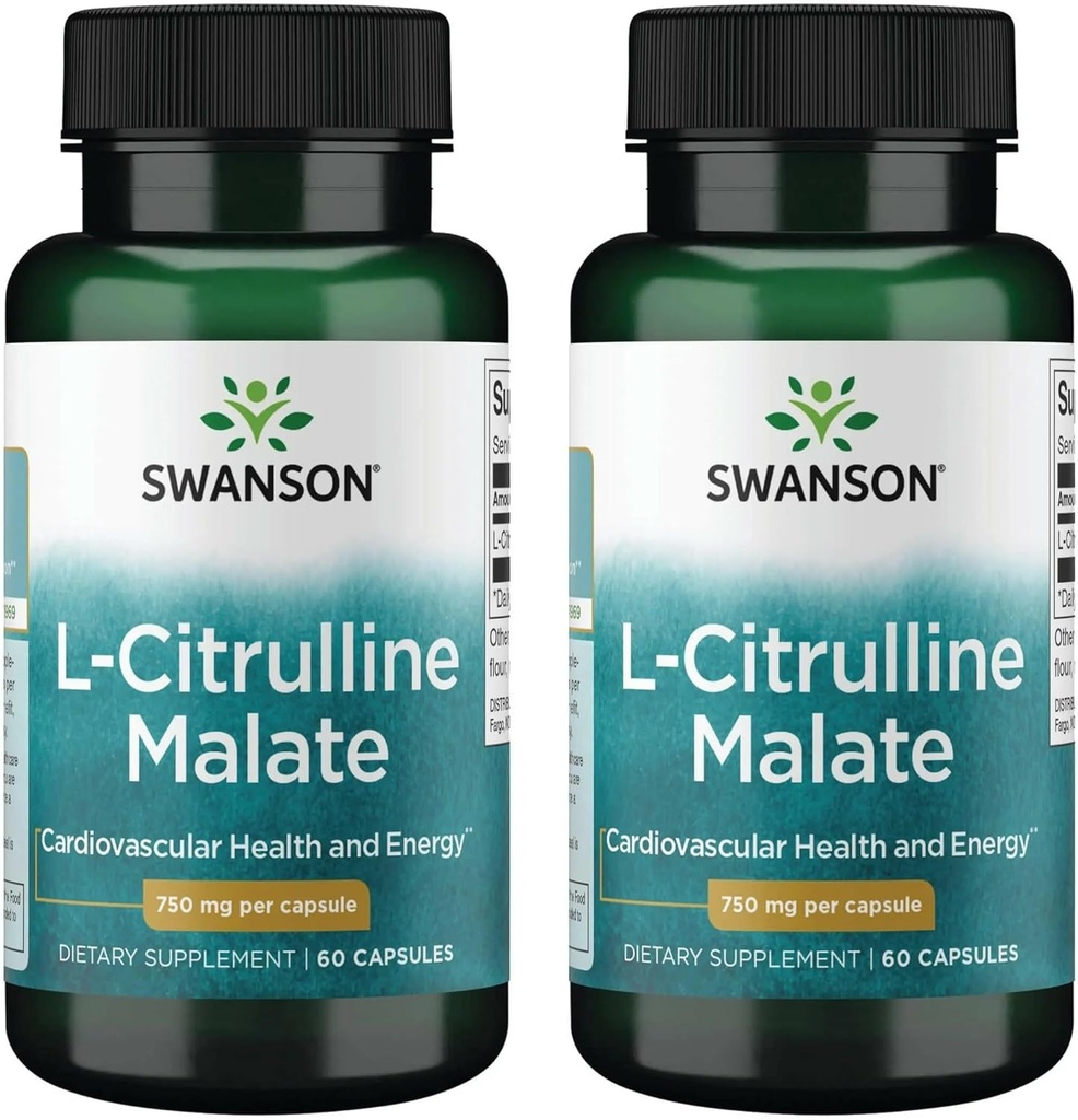 Swanson L-Citrulline Malate - Aminosäure-Ergänzung Förderung der Energieproduktion & Gesunde Blutzirkulation - Natürliche Formel Unterstützung Gesamt Wellness - (60 Kapseln, 750mg Jeder) (2 Packung)