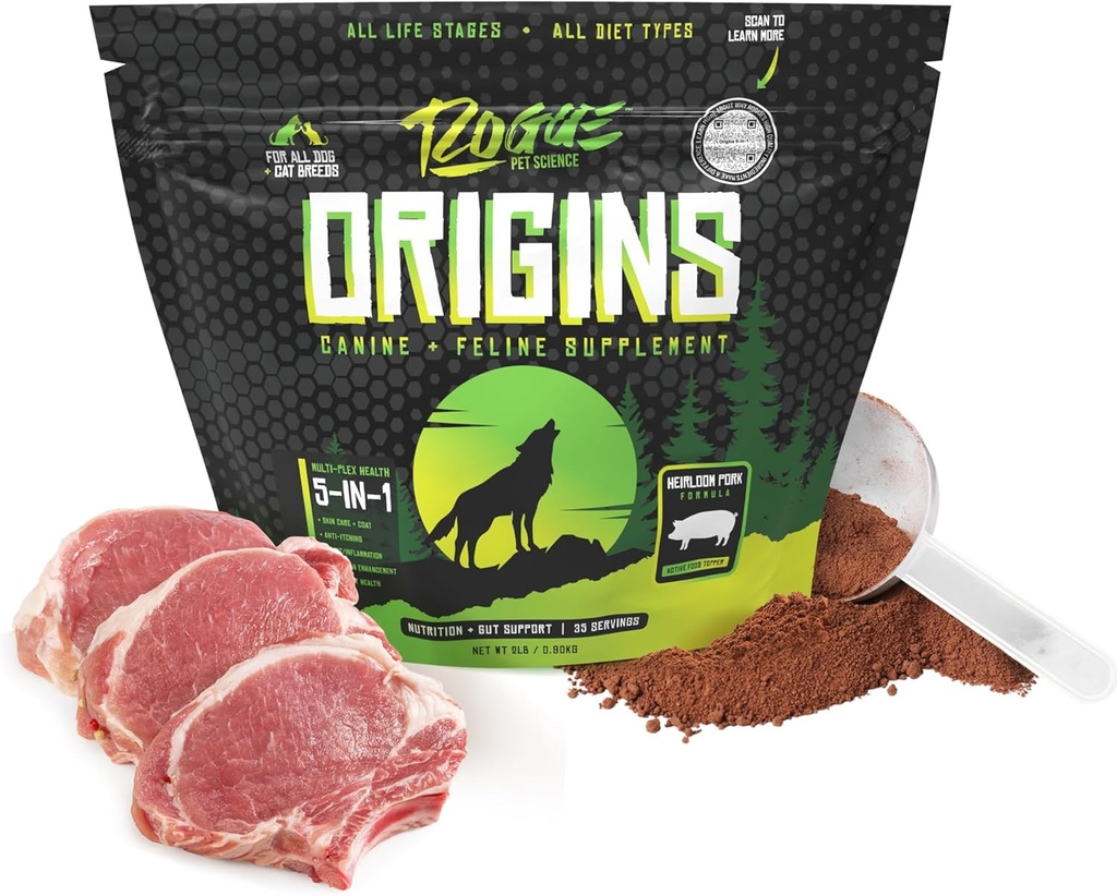 ROGUE PET SCIENCE Origins 5-in-1-Hund-Ergänzung - Pulverisierte Lebensmittel-Topper w/Natural Heirloom Pork Protein- Unterstützt gesunde Verdauung, Haut und Mantel - Hilft, Juckreiz und Gelenkentzündung zu reduzieren (2 lbs)