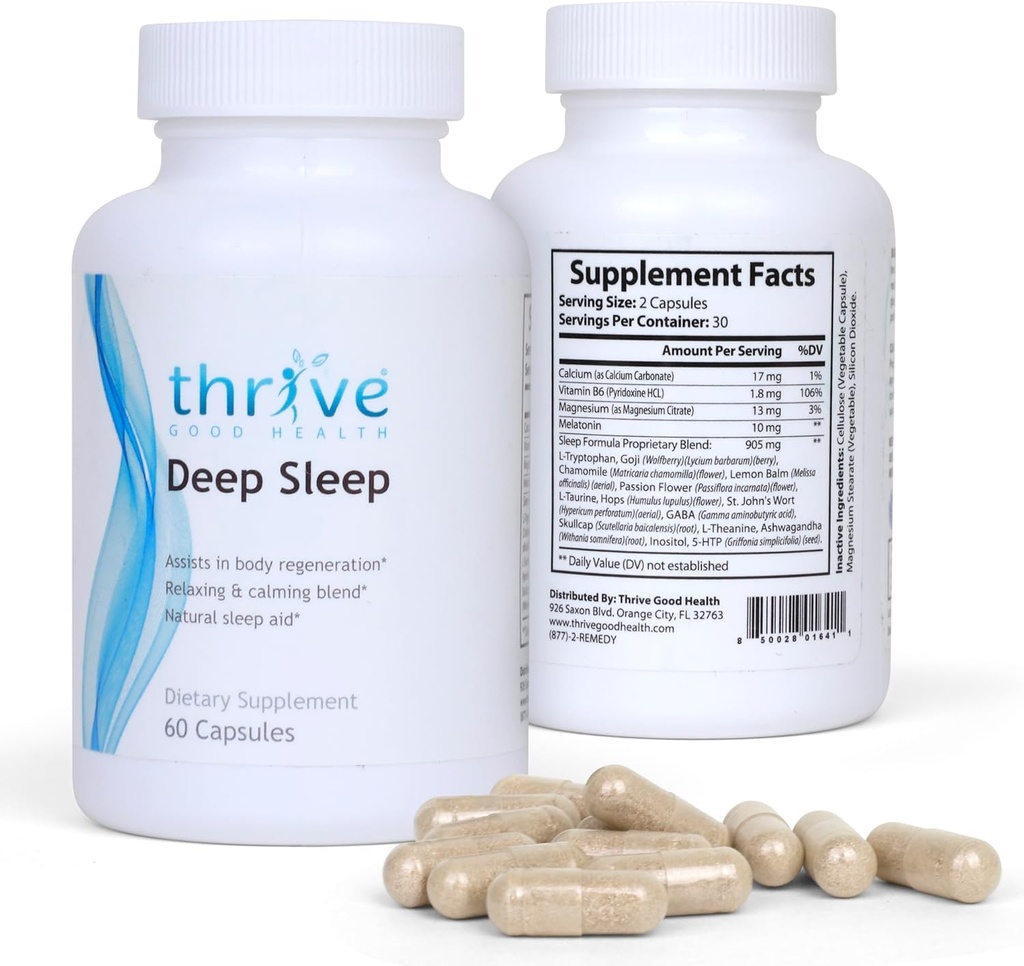 Thrive Good Deep Sleep - Schlafergänzung mit Calciumcarbonat, Vitamin B6, Magnesium - Schlafhilfe Formel mit Melatonin, L-Tryptophan, 5-HTP, Inositol, Natürliche Pflanzenextrakte - 60 Veggie Kapseln