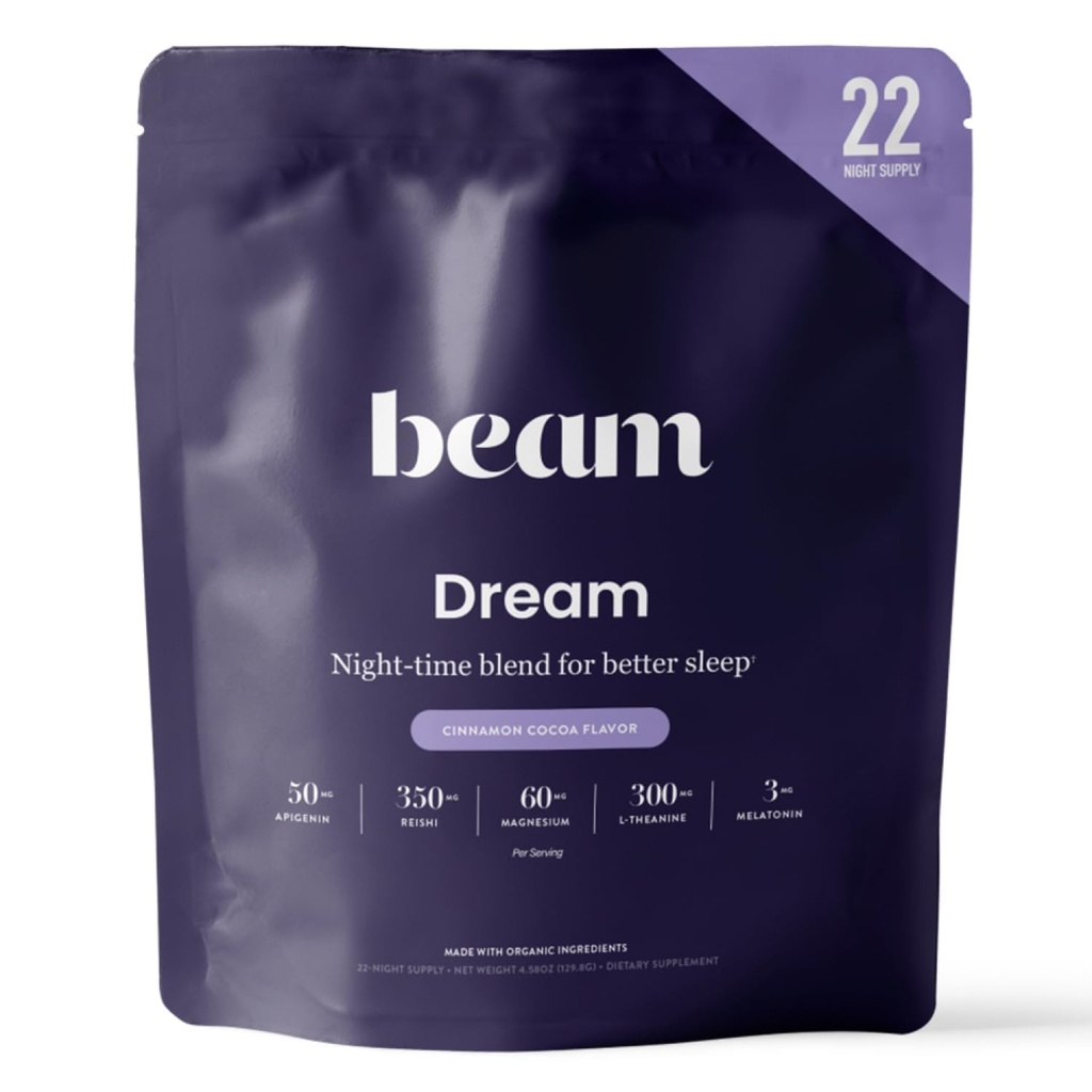 BEAM Dream Sleep Powder Cinnamon Cocoa, L-Theanine, Apigenin, Reishi & Magnesium, Third Party Tested Natural Sleep Aid & Sleep Supplement, Health and Wellness Gift, Natural Sleep Support, 22 Servings