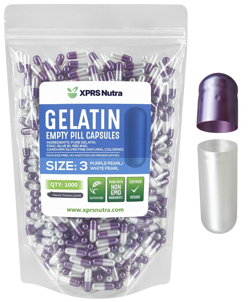 XPRS Nutra Größe 3 Leere Kapseln - 1000 Graf Leere Gelatine Kapseln - Pillen DIY Kapsel Füllung - Pure Bovine Pille Gel Kapseln füllbar für Do-It-Yourself Vitamine und Ergänzungen (Pearl Purple/White)