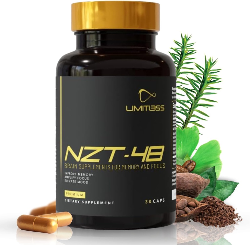 NZT-48 Brain Booster | Nootropic Brain Ergänzungen für Gedächtnis und Fokus | Premium Natural Energy Supplement mit Koffein, Phosphatidylserin, Vitamine B6 & B12, Ashwagandha | 60 Servierungen