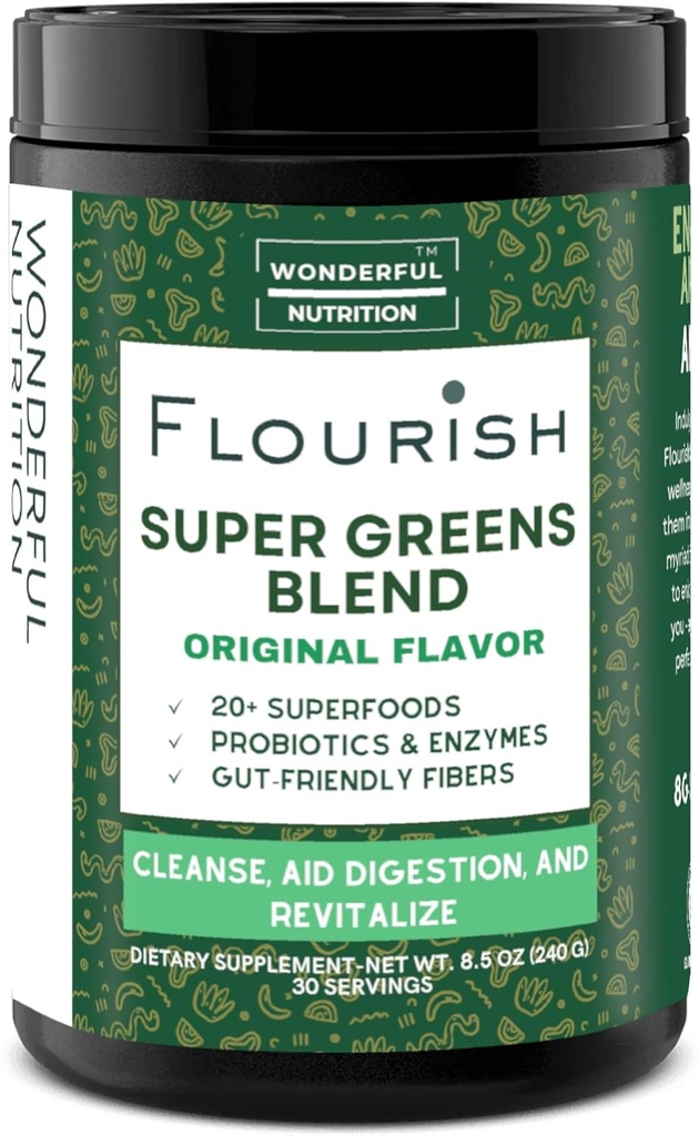 Flourish Super Greens. Grüne Pulvermischung für Energie, mit Chlorella Bio Spirulina, Rübenwurzelpulver, Enzyme & Probiotika, Original, 30 Servierungen