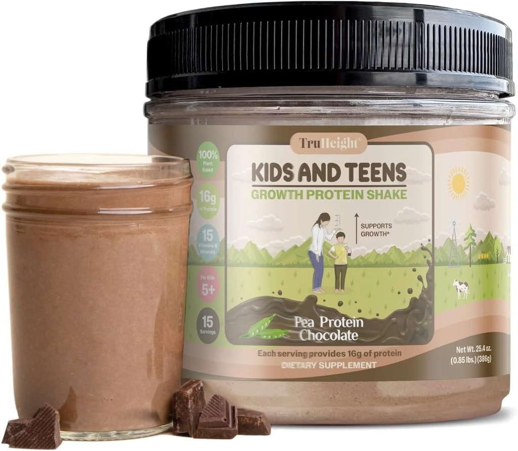 TruHeight Growth Protein Shake (Chocolate Milk Flavor, Plant) Natural Growth & Development Protein Powder for Kids & Teens - Weight Gain Drinks, unterstützt von Kinderärzten, Picky Eater Vitamin, Alter 5+