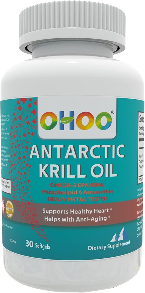 OHOO Antarktis Krill Öl 500mg Omega-3 EPA & DHA-Ergänzung, Phopholipide, Antioxidans Astaxanthin, Unterstützt gesundes Herz und Anti-Aging-Ergänzung mit No Fishy Nachgeschmack, 30 Softgels