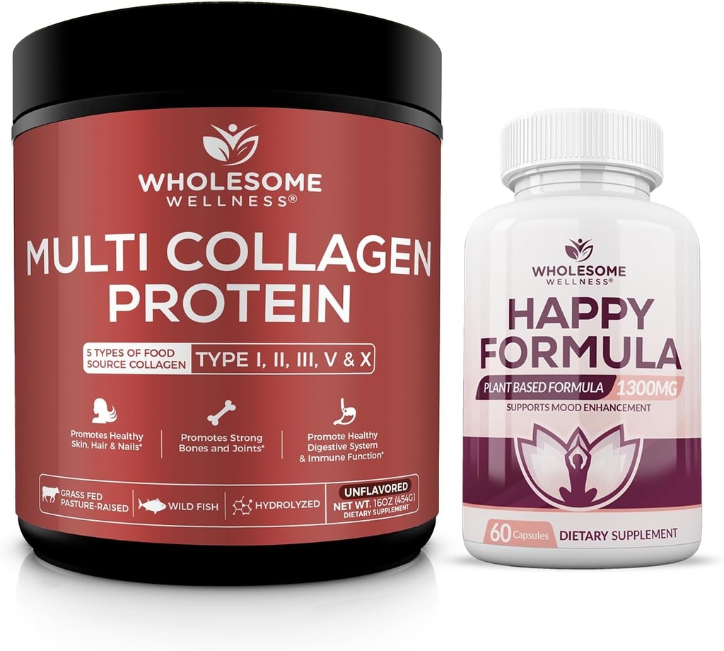 Ganzes Wellness Multi Collagen Protein Pulver hydrolysiert (Typ I II III V X) Happy Formula Natural Stress Formula Relief Supplement Bundle