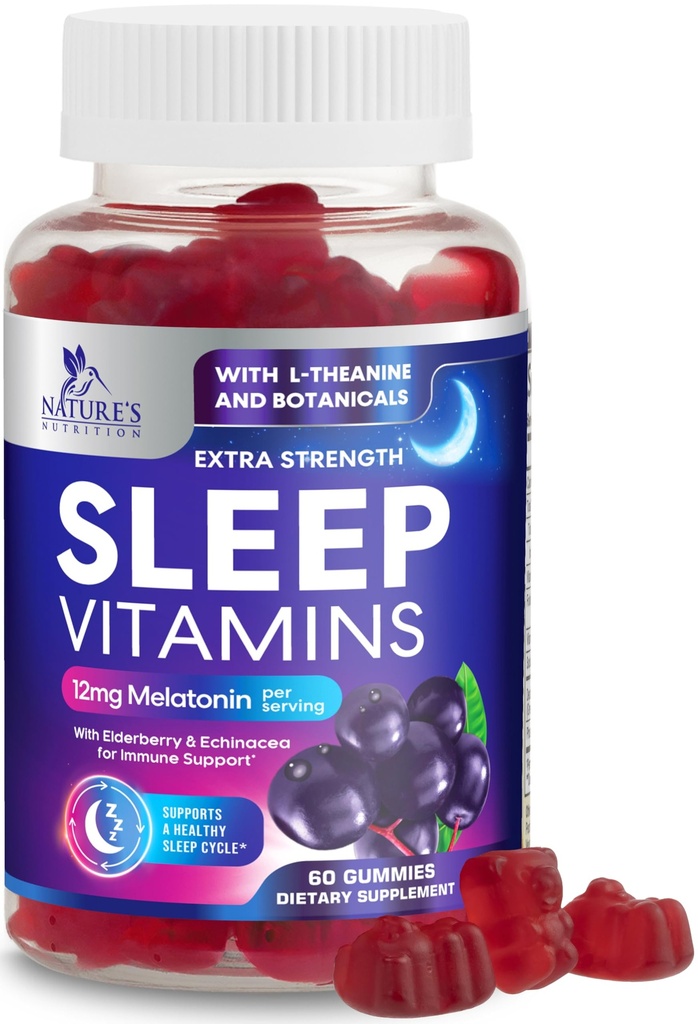 Schlafgummis mit Melatonin 12 mg - Extra Strength Sleep Vitamin Gummy, Natural Melatonin Gummy, Freizeit Schlafunterstützung Ergänzung für Erwachsene, Vegan, Non-GMO, Gomitas para Dormir - 60 Gummis