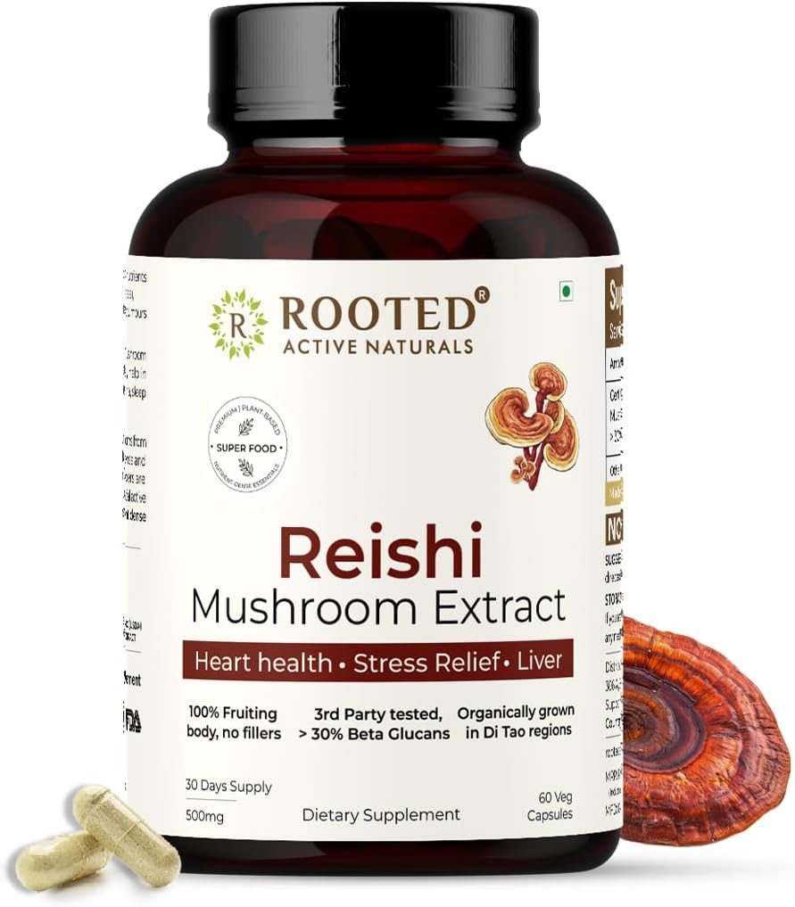 ROOTED Reishi Mushroom Extract Kapseln (60 Veg Caps, 500 mg) | Herzgesundheit, Stress Relief, Leber USDA Organic, 30% Beta Glucans, Certified Organic