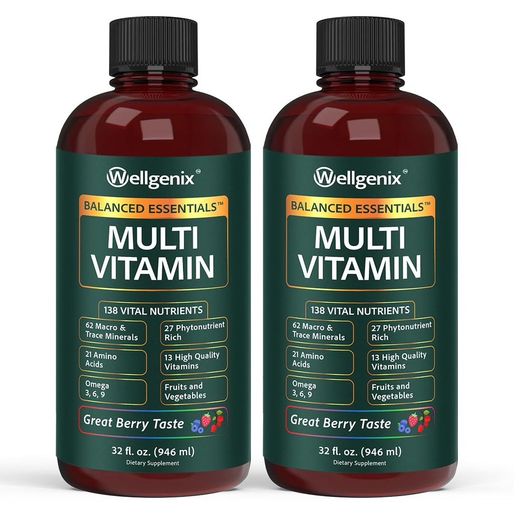 Wellgenix Balanced Essentials Plus neue Formel - Berry Flavor 32oz (Pack von 2) - Flüssiges Vitamin - Komplette Multivitamin-Ergänzung - Immune Boosting & Gesamtgesundheit - Erwachsene, Kinder, Kleinkinder