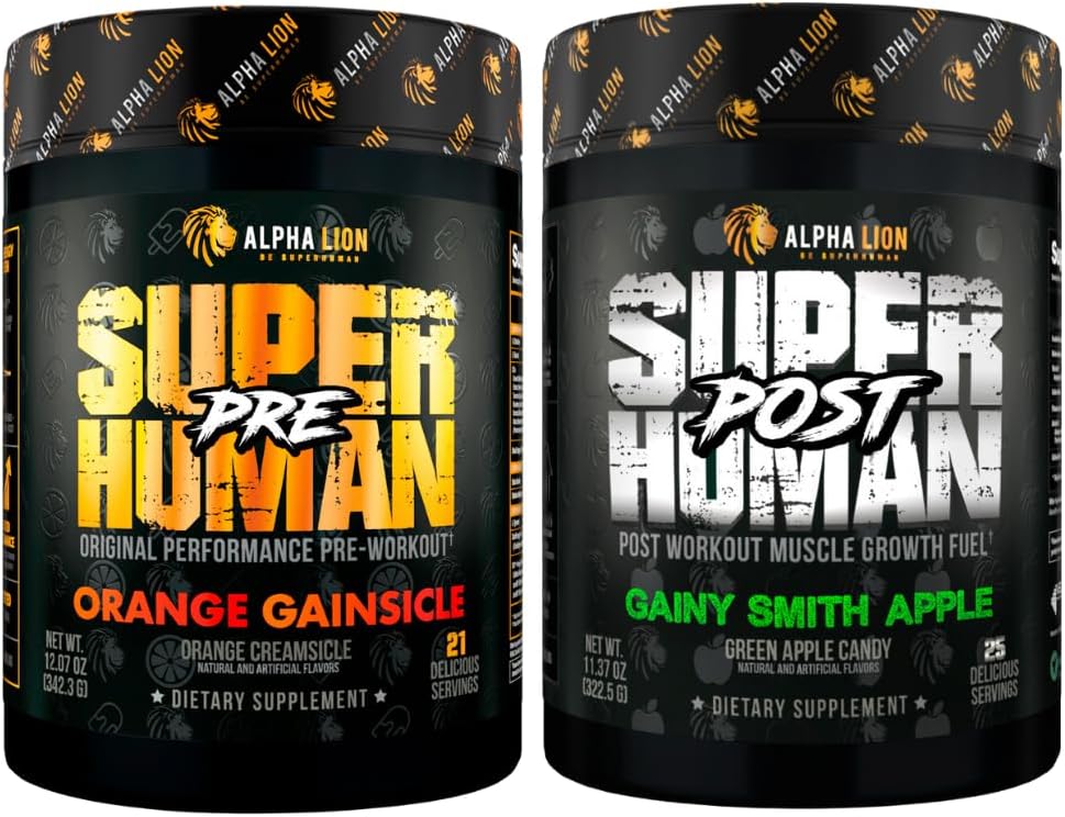 ALPHA LION Superhuman Pre Workout Powder & Post Workout Recovery Bundle, Sustained Energy & Focus + Lean Muskelwachstum, Stärke & Volumen (Hulk Juice & Gainy Smith Apple)