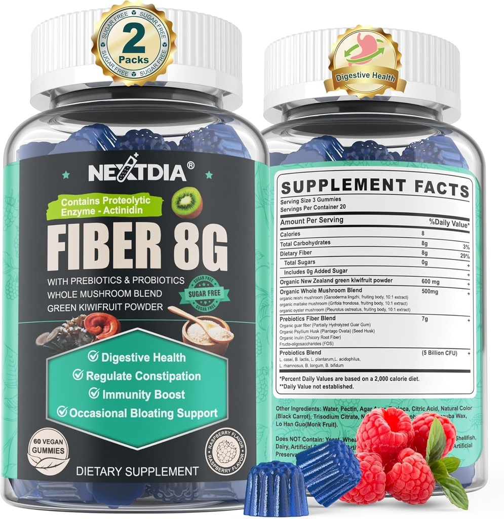 Sugar Free Prebiotic Fiber Supplement für Damen und Herren | 8G High Fiber Gummis mit Pilz,Psyllium Husk, Verdauungsenzyme, Guar Gum, Inulin zu unterstützen Gut & Digestive Gesundheit |120 Vegan Gummis
