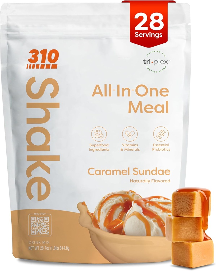 310 Ernährung All-In-One Meal Ersatz Shake Powder - Pflanzenbasierte Protein Smoothie Blend w/High Fiber, Probiotics & Adaptogens - Low Carb, Vegan, Keto & Paleo Friendly - Caramel Sundae - 28 Srv