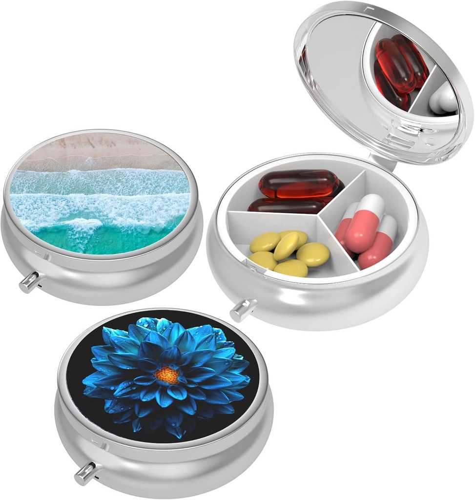 Small Pill Box,Pill Case for Purse&Pocket,3 Compartments Travel Pill Case Medication Organizer Speicher für Vitamine, Pillen, Fischöl und Ohrringe, Studs,Bronze-Pink gelbe Blume