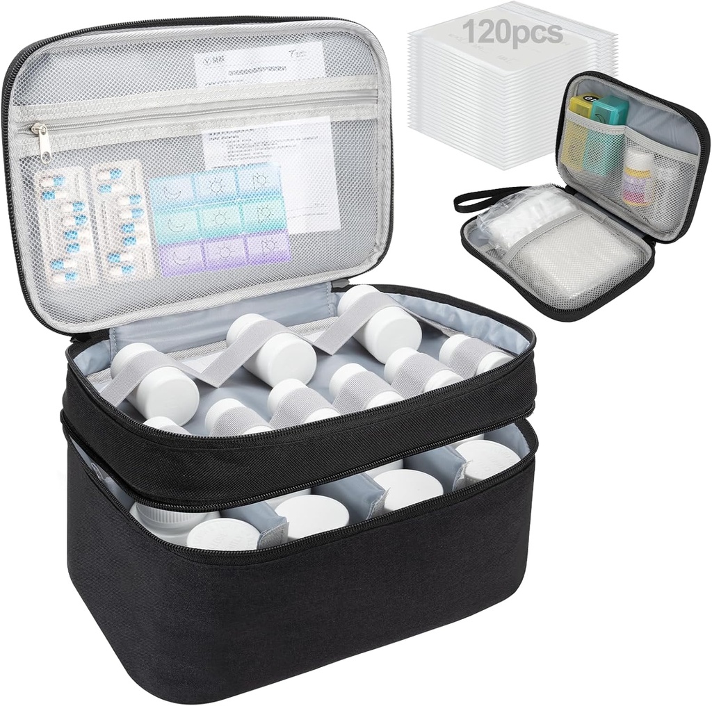 Medizin Organizer Tasche, Dual Layers Pill Bottle Organizer Aufbewahrungstasche mit einstellbarem Divide, Medication Reisetasche für Pillen, Vitamine, medizinische Versorgung für Zuhause mit Pillen Tragetasche und Beutel Tasche