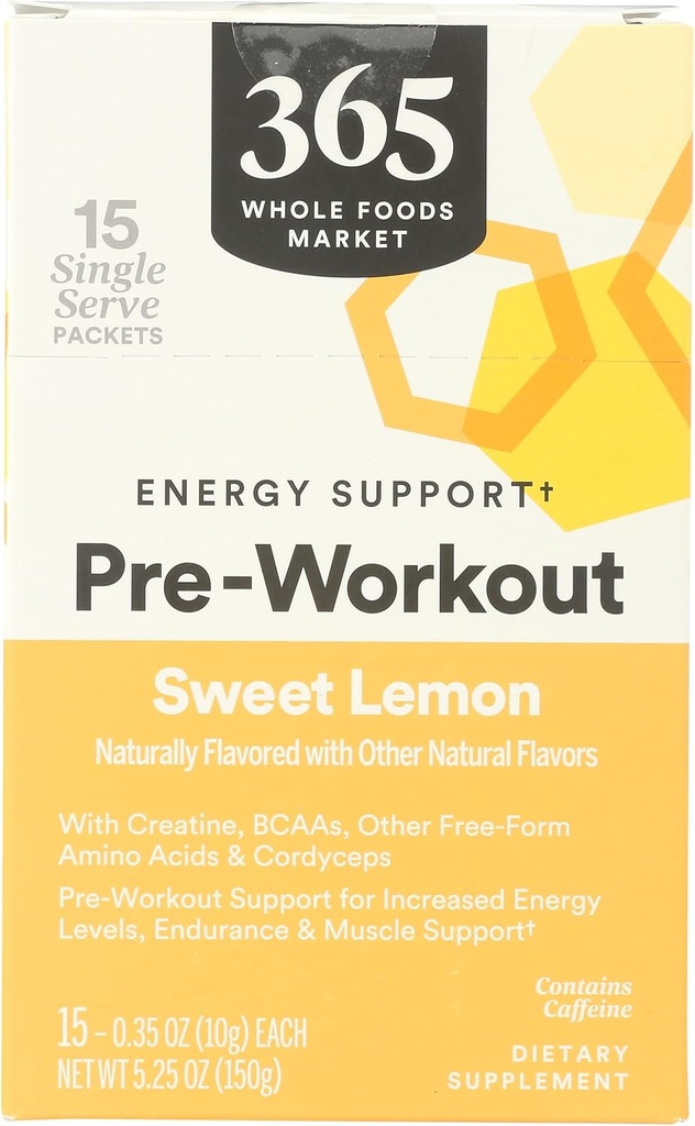 365 von Whole Foods Market, Pre-Workout Energy Support mit Koffein, Einzel-Serve Packets, Sweet Lemon, 15 Count