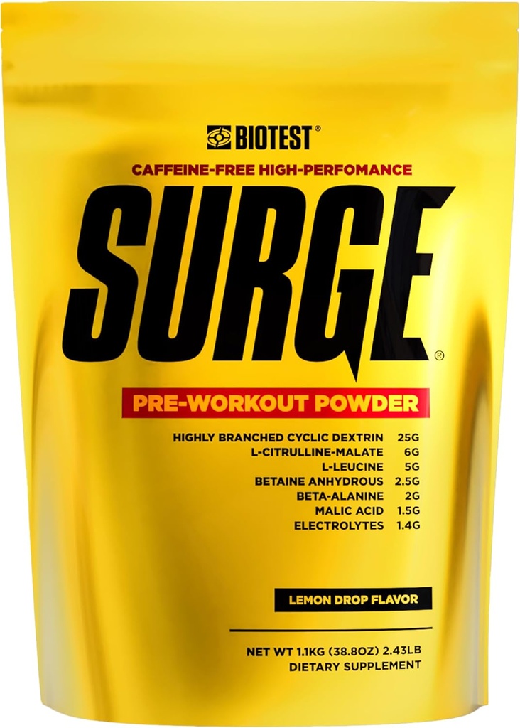 Surge Pre-Workout Powderl - 25 g hochverzweigte Cyclische Dextrin, 6,5 g Citrulline Malat, 5 g L-Leucin, 2,5 g Betaine Anhydrous, 2 g Beta-Alanin, 1,4 g Elektrolyt-Mischung - 1,1 Kg