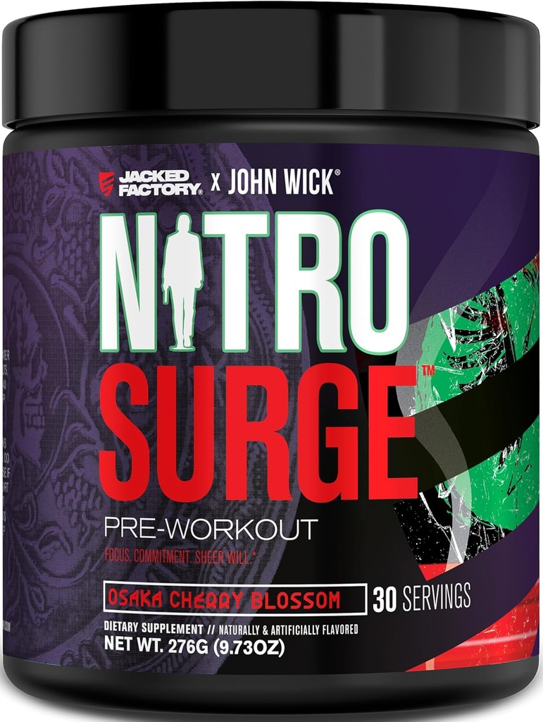 Jacked Factory X John Wick - Nitrosurge Wick Pre Workout Supplement - Intensive Energie, Battle-Ready Focus, Unstoppable Commitment, und Sheer Will - 30 Servings, Osaka Cherry Blossom