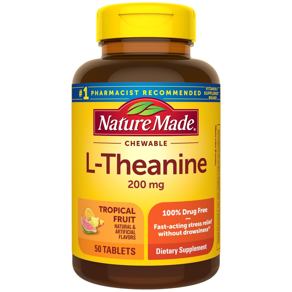 Nature Made Chewable L Theanine 200mg, L-Theanin Supplement zur Stresslinderung, 50 Kautabletten, 50 Tage Versorgung